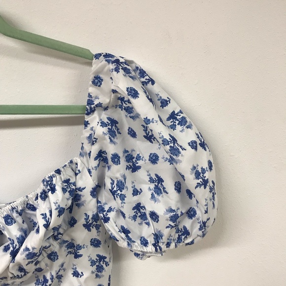 Women’s Floral Sweatheaet Tie Neck Split Smocked Puff Sleeves Maxi Dress - Picture 4 of 5